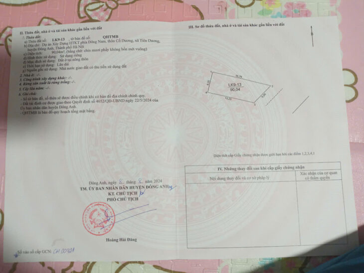 BÁN 90M2 ĐẤT TÁI ĐỊNH CƯ ĐÔNG NAM CỔ DƯƠNG TIÊN DƯƠNG ĐÔNG ANH – GÍA CHỈ 13X