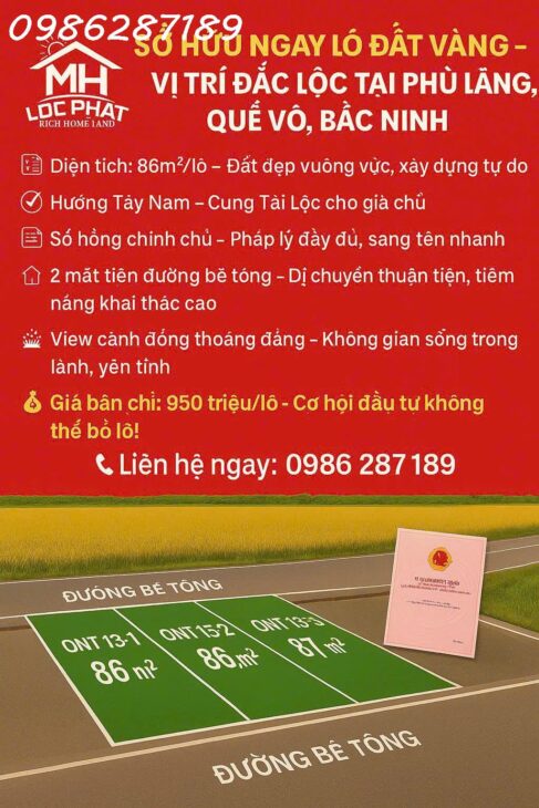 CHÍNH CHỦ CẦN BÁN LÔ ĐẤT 2 MẶT TIỀN ĐẸP THÔN AN TRẠCH, PHÙ LÃNG, QUẾ VÕ, BẮC NINH