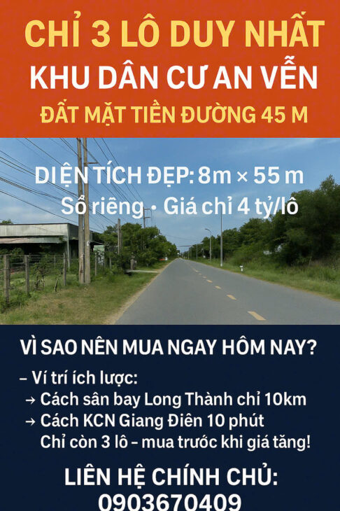 Đồng Nai – Trảng Bom, Chính chủ Bán 3 Lô Đất Thổ Cư – mặt tiền đường lớn 45m liền kề, chính chủ :