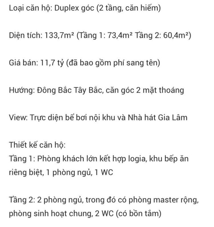 Chính chủ bán căn góc Duplex The Senique tầng đẹp view bể bơi và nhà hát Gia Lâm