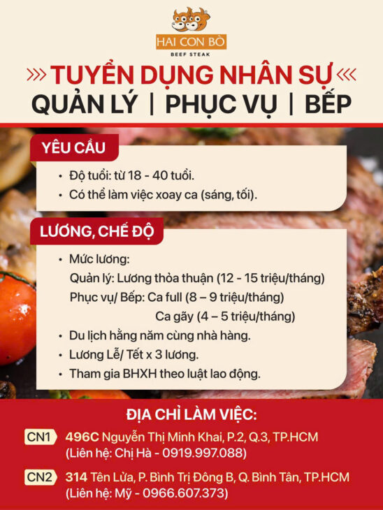 TRẢI THẢM ĐỎ – Đón nhân tài- TUYỂN GIÁM SÁT NHÀ HÀNG khu vực Bình Tân, Q5, Q8 , Q6, Tân Phú