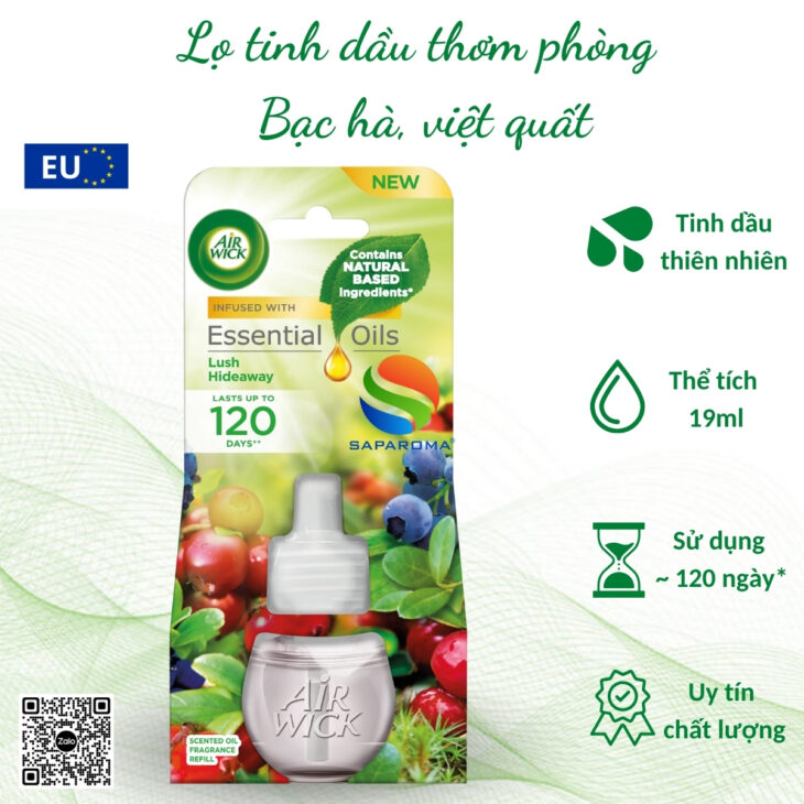 Lọ tinh dầu Air Wick 19ml, thơm phòng, hỗ trợ khử mùi, thư giãn, giảm stress, nhập khẩu chính hãng