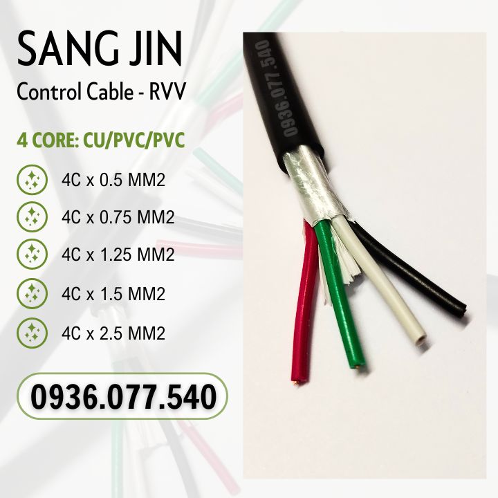 Cáp điều khiển Sangjin 4 x 0.75 mm2 – không lưới chống nhiễu RVV