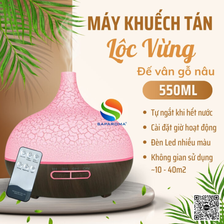 Máy khuếch tán tinh dầu SAPAROMA đèn Led nhiều màu kèm điều khiển, hỗ trợ khử mùi, thơm phòng