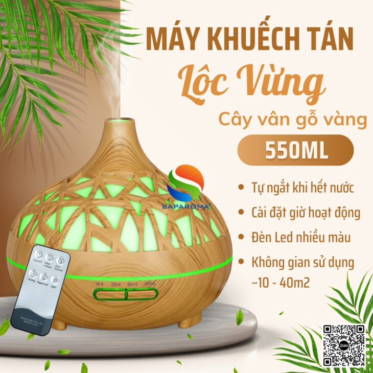 Máy khuếch tán tinh dầu SAPAROMA đèn Led nhiều màu kèm điều khiển, hỗ trợ khử mùi, thơm phòng