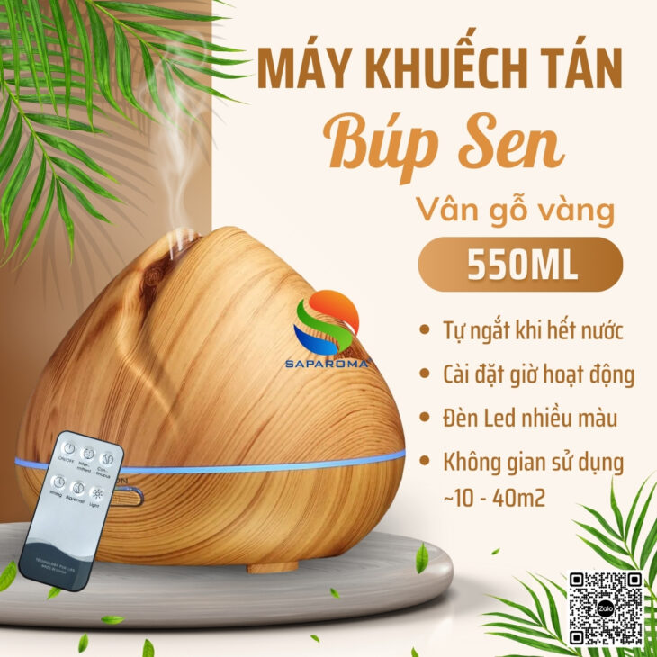 Máy khuếch tán tinh dầu SAPAROMA đèn Led nhiều màu kèm điều khiển, hỗ trợ khử mùi, thơm phòng