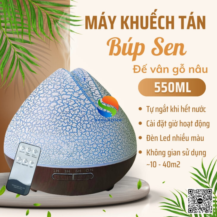 Máy khuếch tán tinh dầu SAPAROMA đèn Led nhiều màu kèm điều khiển, hỗ trợ khử mùi, thơm phòng