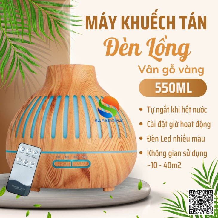 Máy khuếch tán tinh dầu SAPAROMA đèn Led nhiều màu kèm điều khiển, hỗ trợ khử mùi, thơm phòng