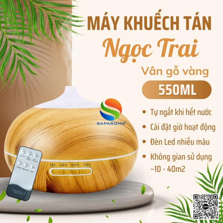 Máy khuếch tán tinh dầu SAPAROMA đèn Led nhiều màu kèm điều khiển, hỗ trợ khử mùi, thơm phòng