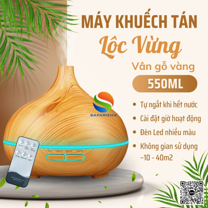 Máy khuếch tán tinh dầu SAPAROMA đèn Led nhiều màu kèm điều khiển, hỗ trợ khử mùi, thơm phòng