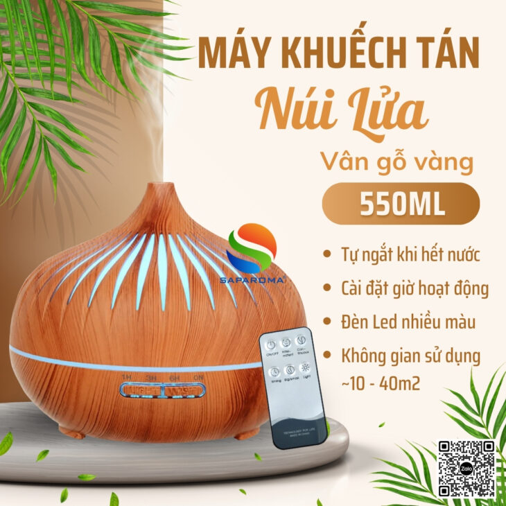 Máy khuếch tán tinh dầu SAPAROMA đèn Led nhiều màu kèm điều khiển, hỗ trợ khử mùi, thơm phòng