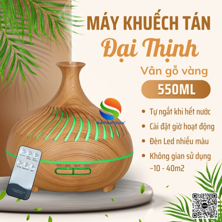 Máy khuếch tán tinh dầu SAPAROMA đèn Led nhiều màu kèm điều khiển, hỗ trợ khử mùi, thơm phòng