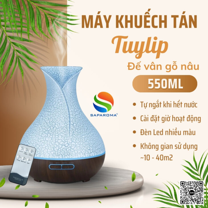 Máy xông tinh dầu Saparoma phun sương tạo ẩm, Led 7 màu kèm điều khiển, thơm phòng, hỗ trợ khử mùi
