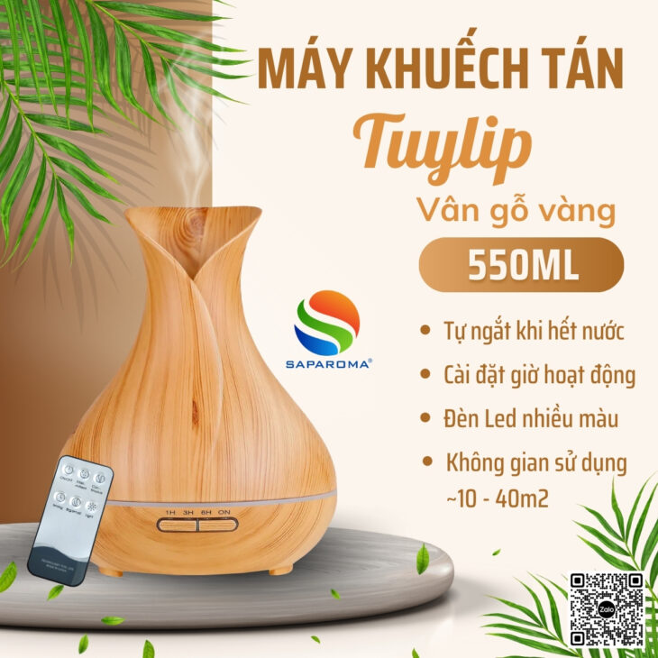 Máy xông tinh dầu Saparoma phun sương tạo ẩm, Led 7 màu kèm điều khiển, thơm phòng, hỗ trợ khử mùi