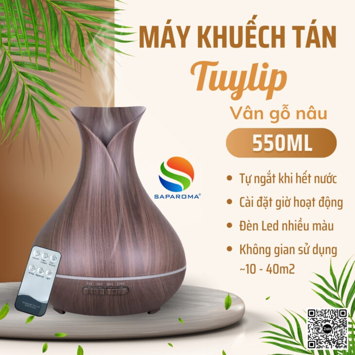 Máy xông tinh dầu Saparoma phun sương tạo ẩm, Led 7 màu kèm điều khiển, thơm phòng, hỗ trợ khử mùi