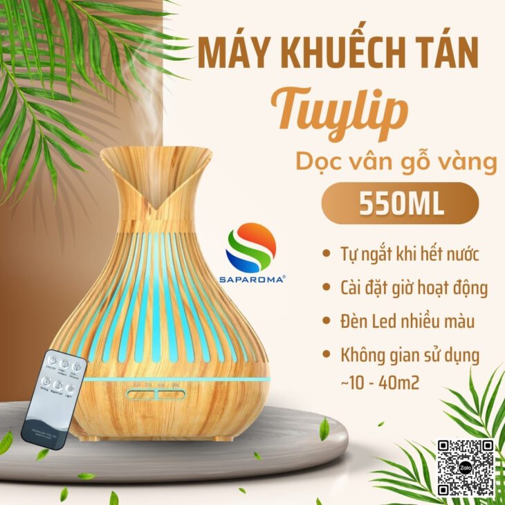 Máy xông tinh dầu Saparoma phun sương tạo ẩm, Led 7 màu kèm điều khiển, thơm phòng, hỗ trợ khử mùi