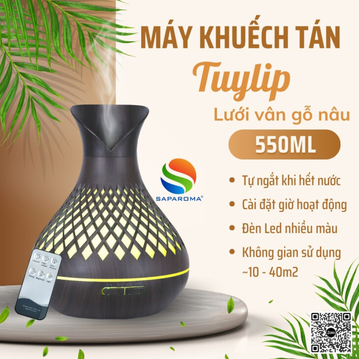 Máy xông tinh dầu Saparoma phun sương tạo ẩm, Led 7 màu kèm điều khiển, thơm phòng, hỗ trợ khử mùi