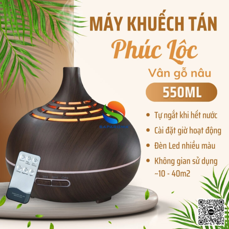 Máy xông tinh dầu Saparoma phun sương tạo ẩm, Led 7 màu kèm điều khiển, thơm phòng, hỗ trợ khử mùi