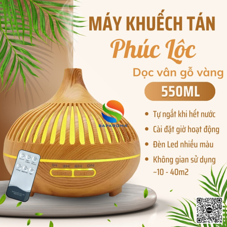 Máy xông tinh dầu Saparoma phun sương tạo ẩm, Led 7 màu kèm điều khiển, thơm phòng, hỗ trợ khử mùi