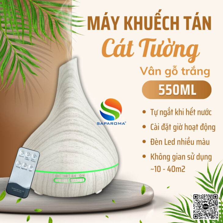 Máy xông tinh dầu Saparoma phun sương tạo ẩm, Led 7 màu kèm điều khiển, thơm phòng, hỗ trợ khử mùi