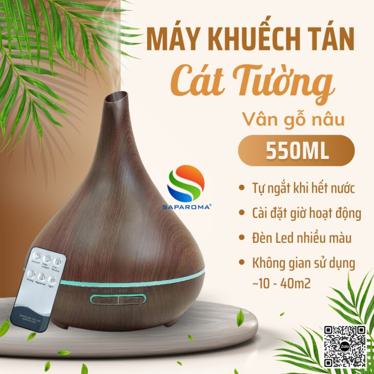 Máy xông tinh dầu Saparoma phun sương tạo ẩm, Led 7 màu kèm điều khiển, thơm phòng, hỗ trợ khử mùi