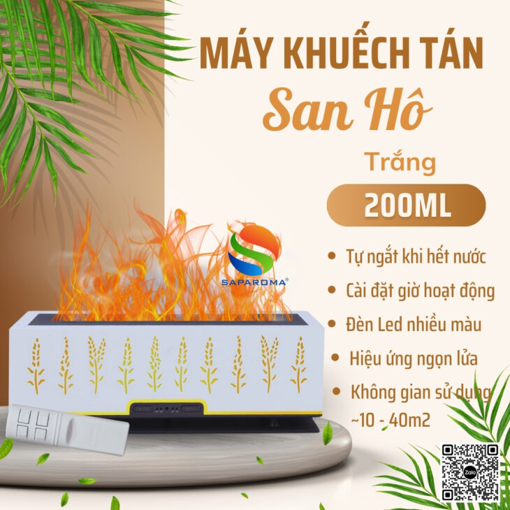 Máy khuếch tán tinh dầu SAPAROMA hiệu ứng lửa, led nhiều màu kèm điều khiển, thơm phòng, bù ẩm