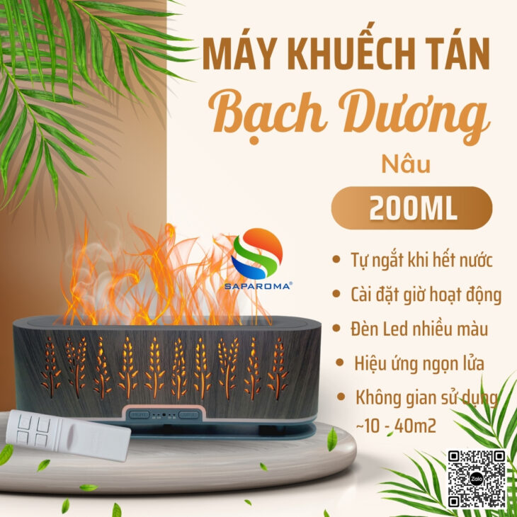 Máy khuếch tán tinh dầu SAPAROMA hiệu ứng lửa, led nhiều màu kèm điều khiển, thơm phòng, bù ẩm