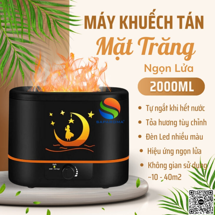 Máy khuếch tán tinh dầu SAPAROMA hiệu ứng lửa, led nhiều màu kèm điều khiển, thơm phòng, bù ẩm