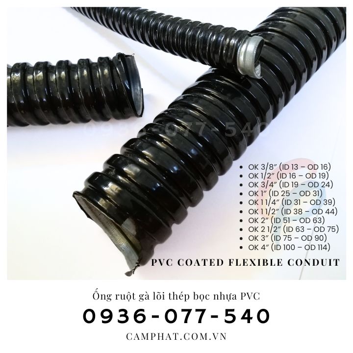 Ống ruột gà lõi thép bọc nhựa đen PVC luồn dây điện phi 1-1/4″ (ID31 – OD39), Flexible conduit