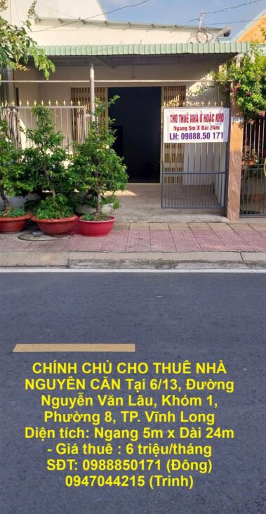 CHÍNH CHỦ CHO THUÊ NHÀ NGUYÊN CĂN Tại Nguyễn Văn Lâu, Phường 8, TP Vĩnh Long