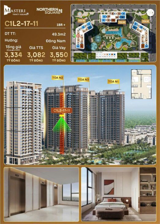 Bán căn hộ cao cấp Masteri Trinity Square – Vinhomes Ocean Park 2 1PN+, View đẹp, Giá chỉ từ 3 tỷ