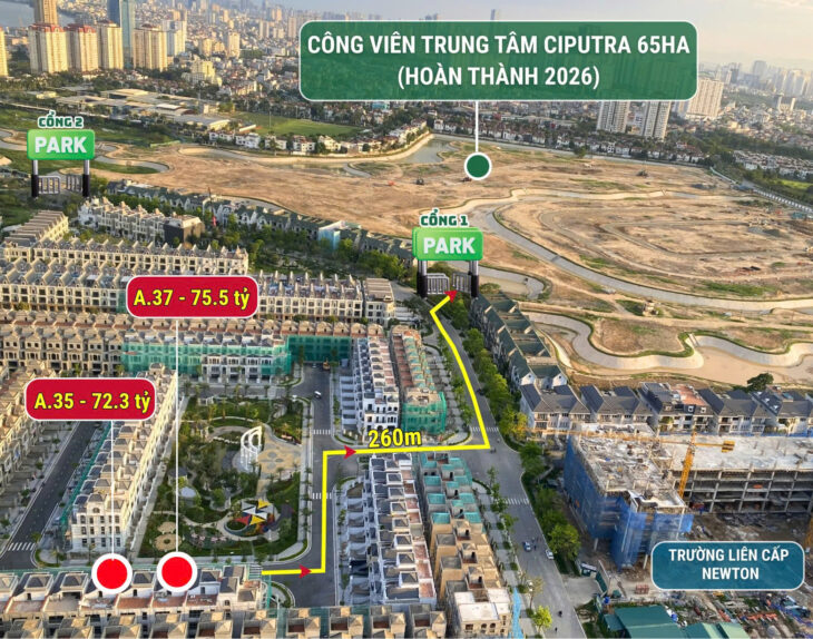 ĐỘC QUYỀN CHỈ 02 CĂN BTLK 140M2 HƯỚNG NAM VIEW TRỰC DIỆN VƯỜN HOA 6000M2, 260M ĐẾN CV 65HA CIPUTRA.