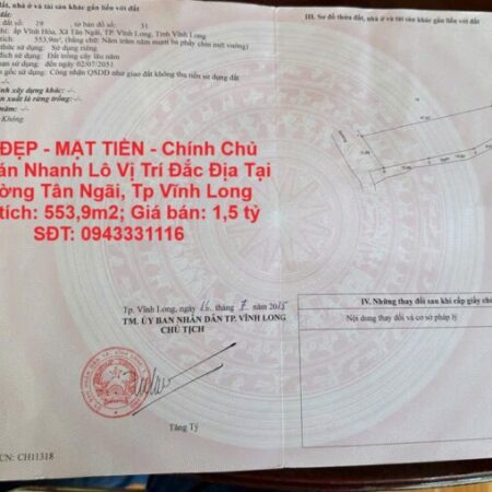 ĐẤT ĐẸP – MẶT TIỀN – Chính Chủ Cần Bán Nhanh Lô Vị Trí Đắc Địa Tại Phường Tân Ngãi, Tp Vĩnh Long