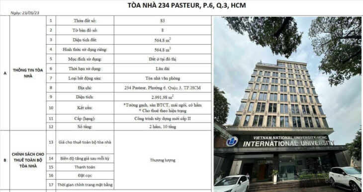 Cho thuê tòa nhà 234 Pasteur Quận 3, DT: 2992m², 2 hầm + 10 lầu, giá: thương lượng