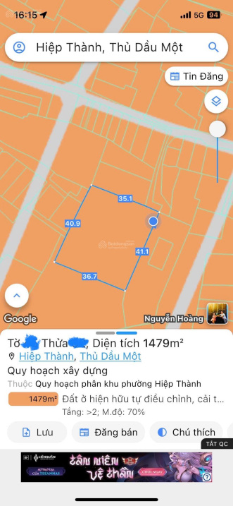 Bán đất xây biệt thự sân vườn cực đẹp hẻm đường Phạm Ngũ Lão P. Hiệp Thành, 1.482m2(36×41) tc 300m2