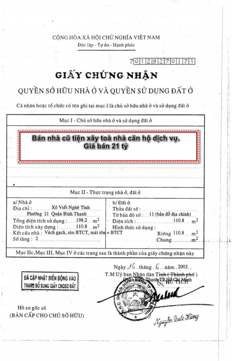 Nhà cũ HXH 294 Xô Viết Nghệ Tĩnh, Phường 21 Bình thạnh. Diện tích 4,6x25m công nhận 110m2 giá 21 tỷ