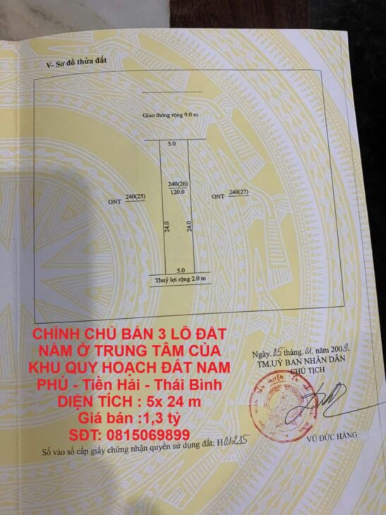 CHÍNH CHỦ BÁN 3 LÔ ĐẤT NẰM Ở TRUNG TÂM CỦA KHU QUY HOẠCH ĐẤT NAM PHÚ – Tiền Hải – Thái Bình