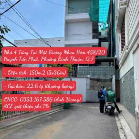 Chính Chủ Bán Nhà 4 Tầng Tại Mặt Đường Nhựa Hẻm 458/20 Huỳnh Tấn Phát, Phường Bình Thuận, Q.7, HCM