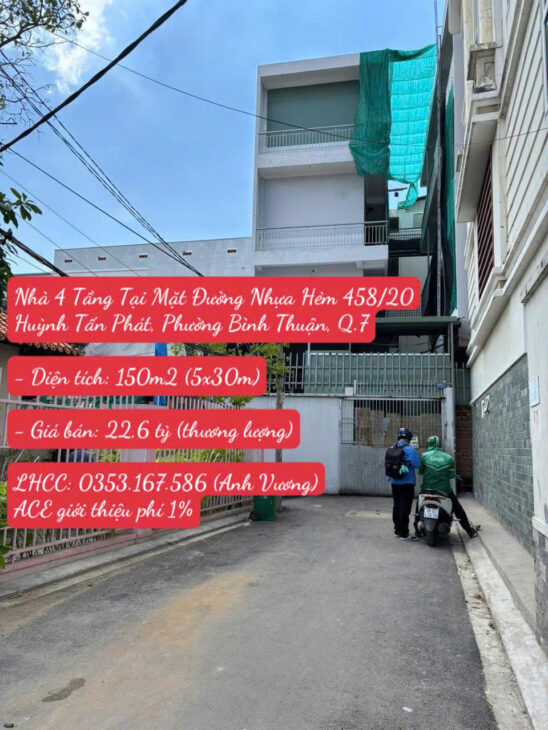 Chính Chủ Bán Nhà 4 Tầng Tại Mặt Đường Nhựa Hẻm 458/20 Huỳnh Tấn Phát, Phường Bình Thuận, Q.7, HCM