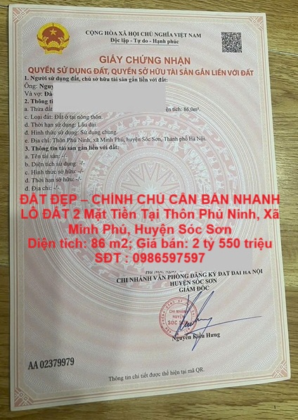 ĐẤT ĐẸP – CHÍNH CHỦ CẦN BÁN NHANH LÔ ĐẤT 2 Mặt Tiền Tại SÓC SƠN, Thành Phố HÀ NỘI
