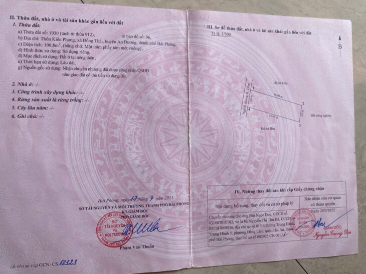 Cần bán lô đất tại thôn Kiến Phong, xã Đồng Thái, huyện An Dương, Hải Phòng.