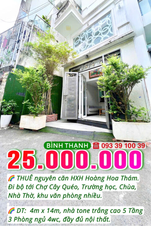 25 Triệu: NGUYÊN CĂN 5 TẦNG 4×14- BÌNH THẠNH- HXH HOÀNG HOA THÁM- 3 PHÒNG ĐỦ NỘI THẤT: 0933 910 039