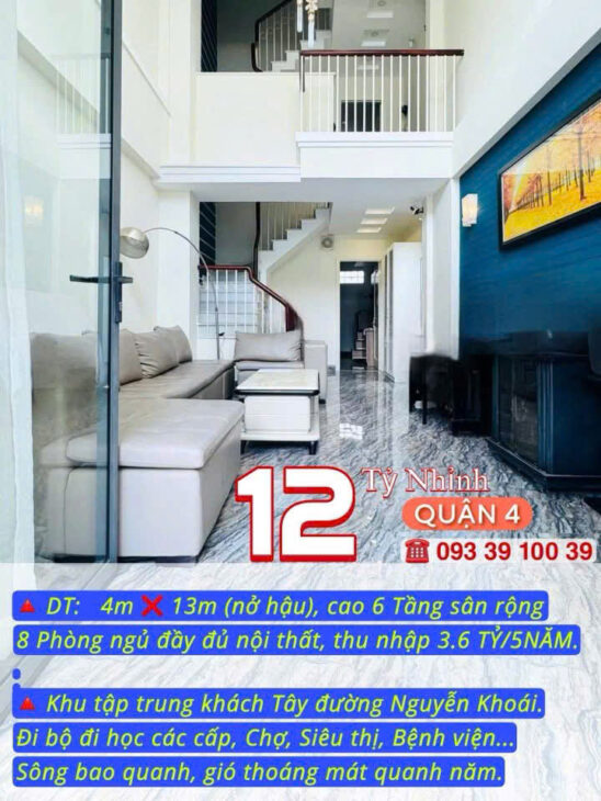 BÁN NHÀ KẾ Q1- Q3- Q4- Q10 – DOANH THU: 3.6 TỶ/5 NĂM- CAO 5 TẦNG HƠN 8 PHÒNG ĐỦ NỘI THẤT: tử 8 tỷ