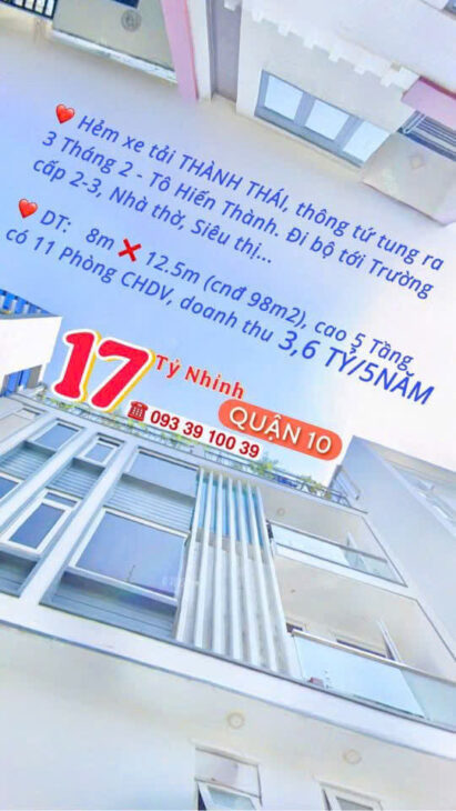 BÁN NHÀ KẾ Q1- Q3- Q4- Q10 – DOANH THU: 3.6 TỶ/5 NĂM- CAO 5 TẦNG HƠN 8 PHÒNG ĐỦ NỘI THẤT: tử 8 tỷ