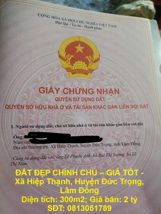 ĐẤT ĐẸP CHÍNH CHỦ – GIÁ TỐT – Xã Hiệp Thạnh, Huyện Đức Trọng, Lâm Đồng