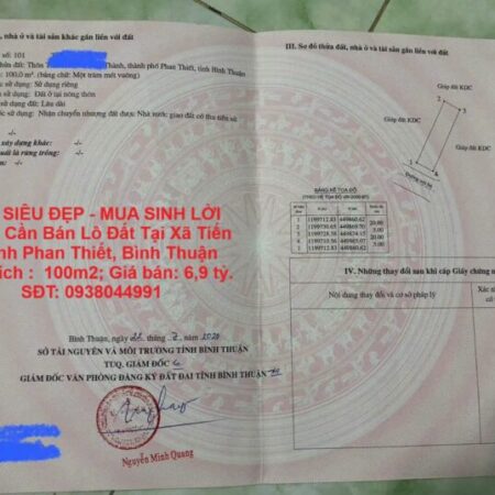 ĐẤT SIÊU ĐẸP – MUA SINH LỜI NGAY Cần Bán Lô Đất Tại Xã Tiến Thành Phan Thiết, Bình Thuận