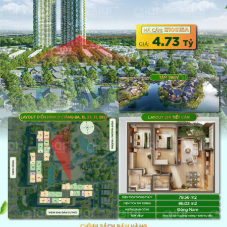Căn hộ 2Pn Eco Retreat hướng Đông Nam view biệt thự đảo & trực diện quảng trường ko chênh