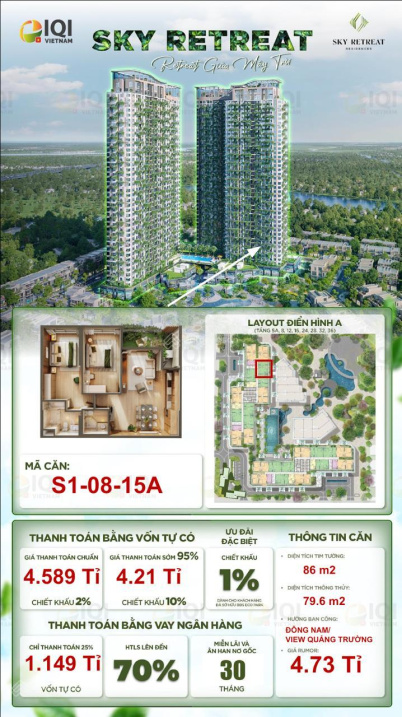 Căn hộ 2Pn Eco Retreat hướng Đông Nam view biệt thự đảo & trực diện quảng trường ko chênh