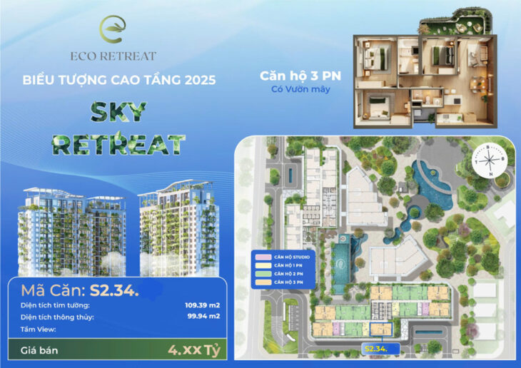 Căn hộ 3 phòng ngủ Eco Retreat giá gốc CĐT 4,3 tỷ (gồm VAT+KPBT) không chênh, có vườn mây 109m2