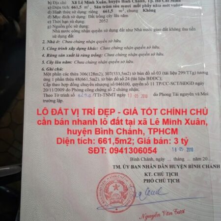 LÔ ĐẤT VỊ TRÍ ĐẸP – GIÁ TỐT CHÍNH CHỦ cần bán nhanh lô đất tại huyện Bình Chánh, TPHCM